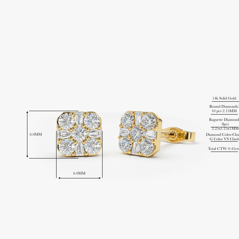 OBFJ1980 - 14k Square Baguette and Round Diamond Earrings 4
