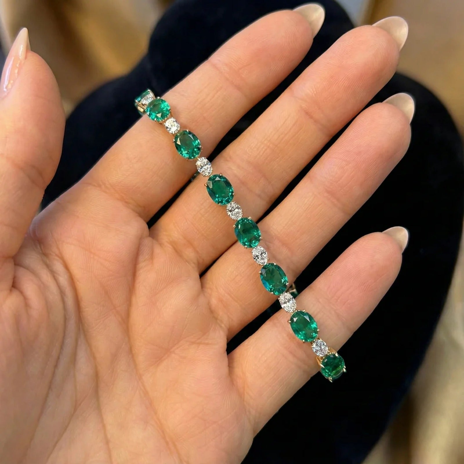 OBFJ0346 - 15.75 ctw 14k Lab Grown Colombian Oval Emerald and Oval Diamond Bracelet - Molly 2