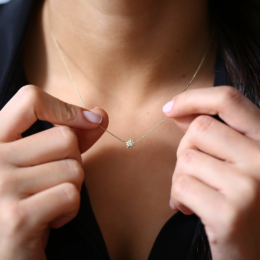 OBFJ1634 - 14K Gold Single Diamond Star Necklace 6