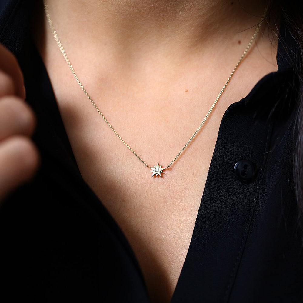 OBFJ1634 - 14K Gold Single Diamond Star Necklace 2