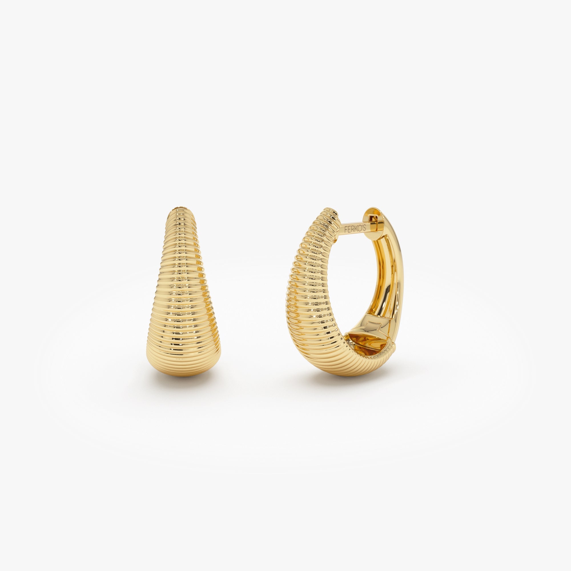 OBFJ1092 - 14k Gold Ribbed Teardrop Hoop Earrings 1