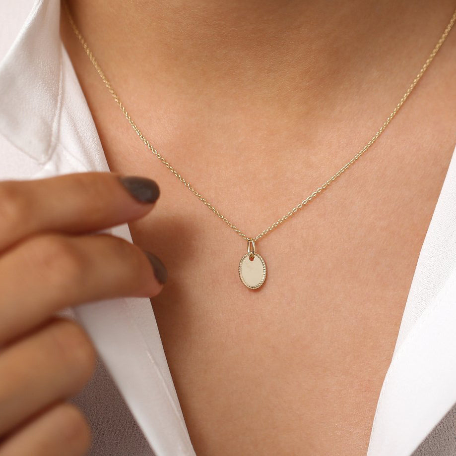 OBFJ1995 - Mini Oval Initial Tag with Twist Rope necklace in selectable metal and diamond options - Roselle Jewelry view 3