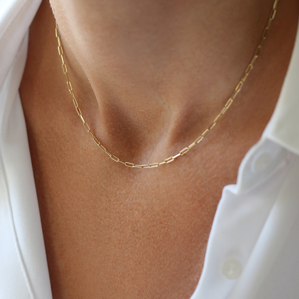 OBFJ2178 - Solid Gold Tiny Paper Clip Link Necklace necklace in selectable metal and diamond options - Roselle Jewelry view 3