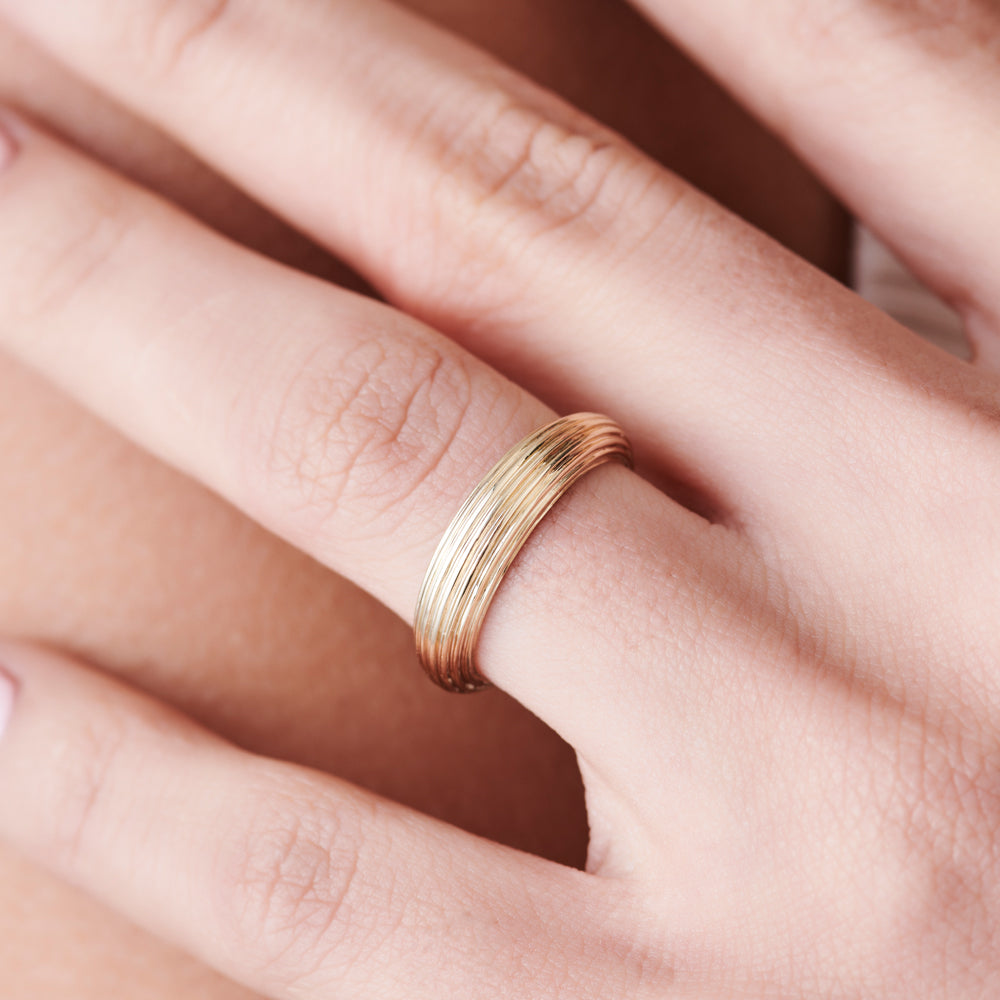 OBFJ2247 - 14k Unique Multi Lined 5MM Dome Gold Ring 3