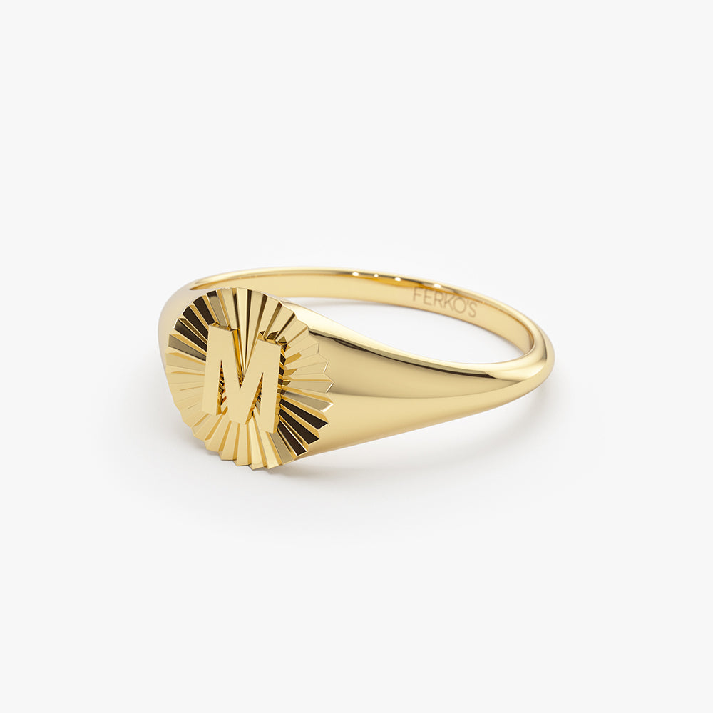 OBFJ1494 - 14k Sunburst Initial Signet Ring 7