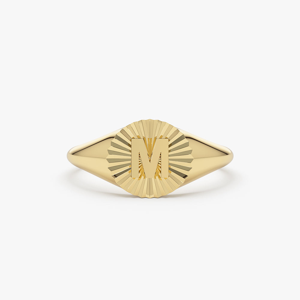OBFJ1494 - 14k Sunburst Initial Signet Ring 1