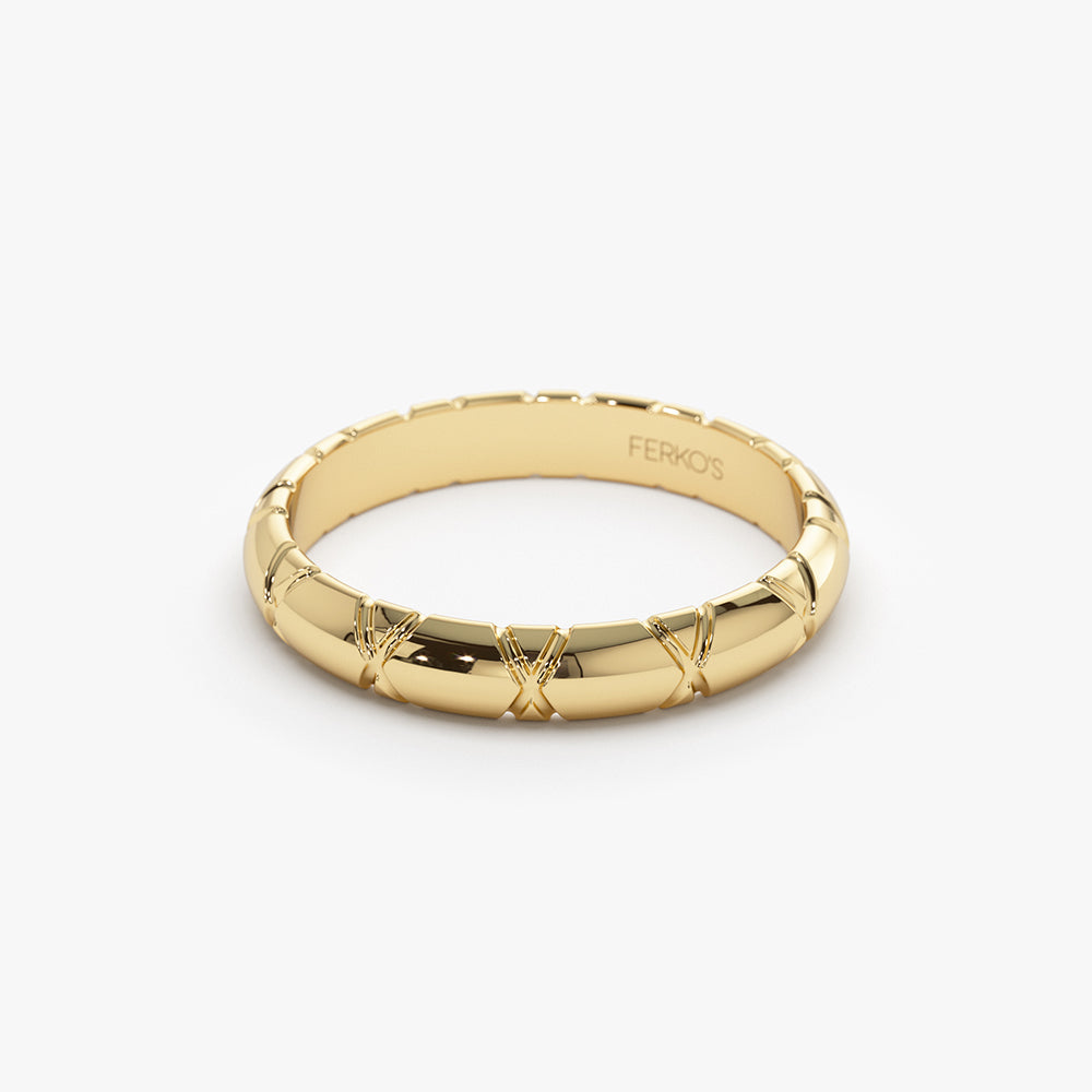 OBFJ1486 - 14k 3MM Unique X Cut Design Gold Wedding Ring 7