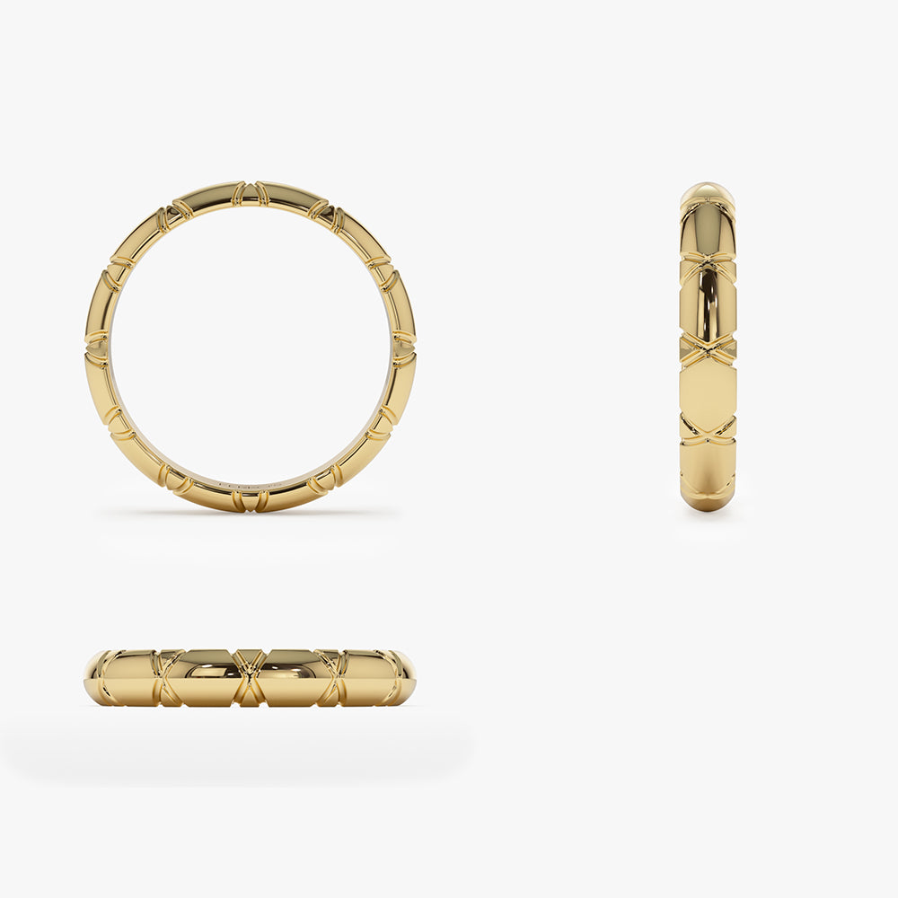 OBFJ1486 - 14k 3MM Unique X Cut Design Gold Wedding Ring 8