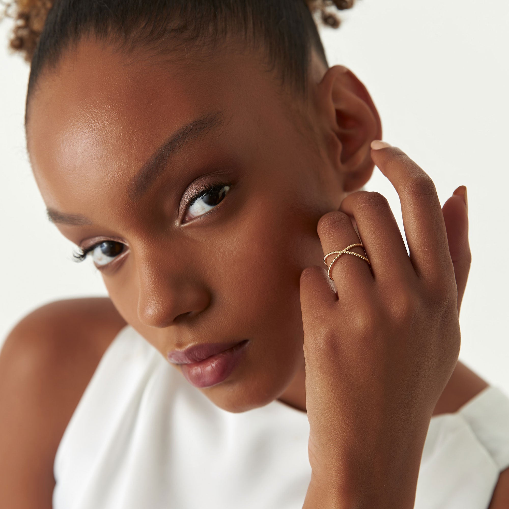 OBFJ1282 - 14K Gold Beaded Band Criss Cross Statement Ring 5