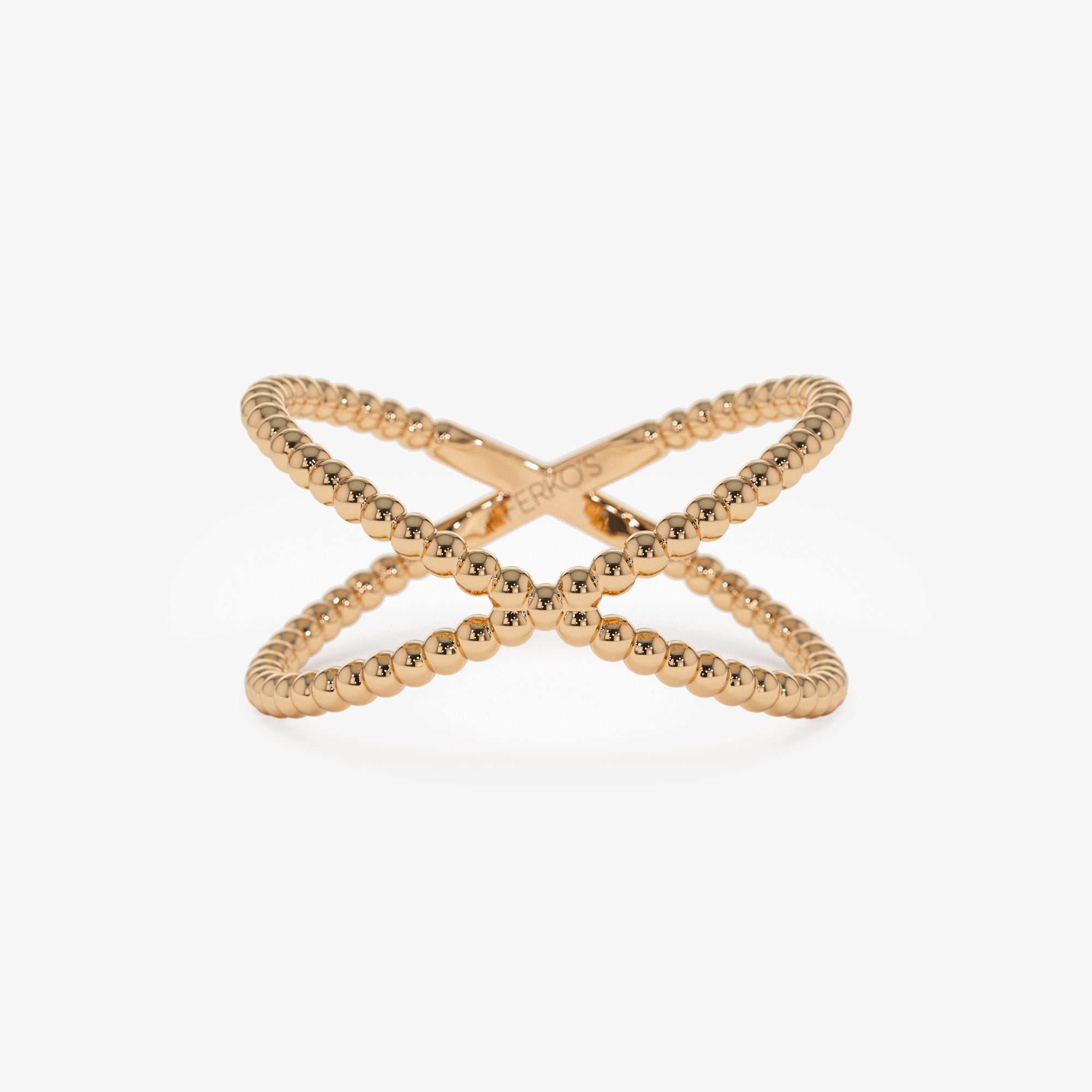 OBFJ1282 - 14K Gold Beaded Band Criss Cross Statement Ring 7