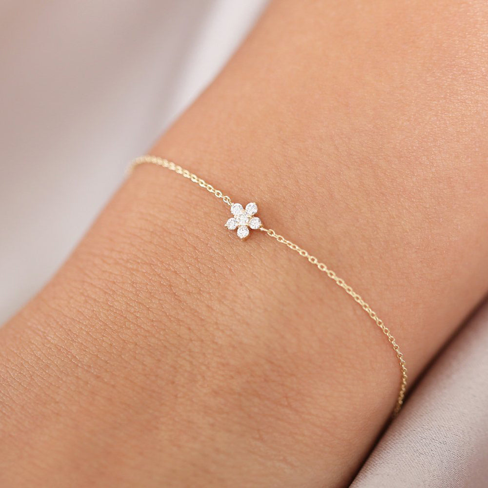 OBFJ1741 - Diamond Flower Charm Bracelet bracelets in selectable metal and diamond options - Roselle Jewelry view 4