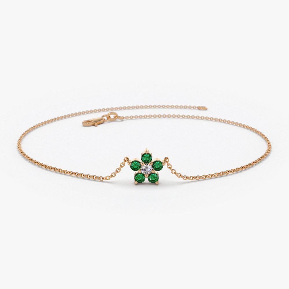 OBFJ1841 - Emerald and Diamond Flower Charm Bracelet bracelets in selectable metal and diamond options - Roselle Jewelry view 3