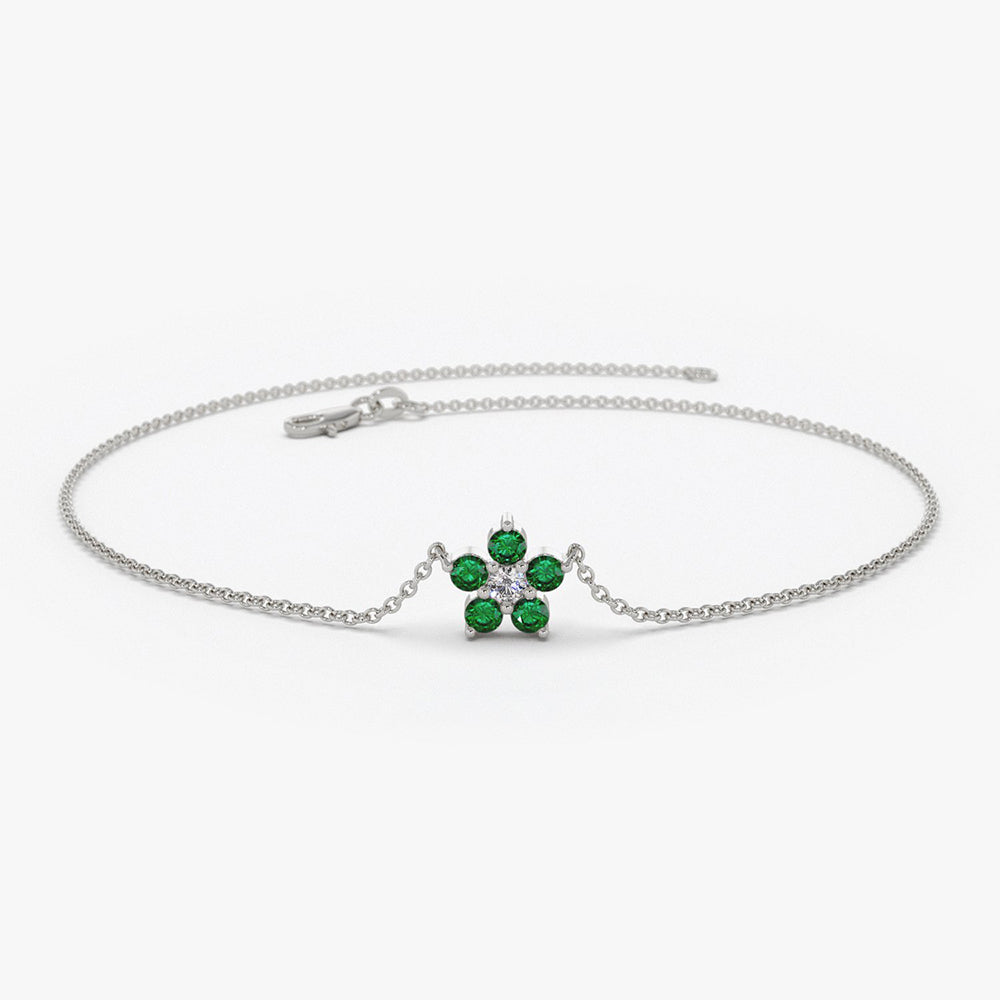OBFJ1841 - Emerald and Diamond Flower Charm Bracelet bracelets in selectable metal and diamond options - Roselle Jewelry view 4