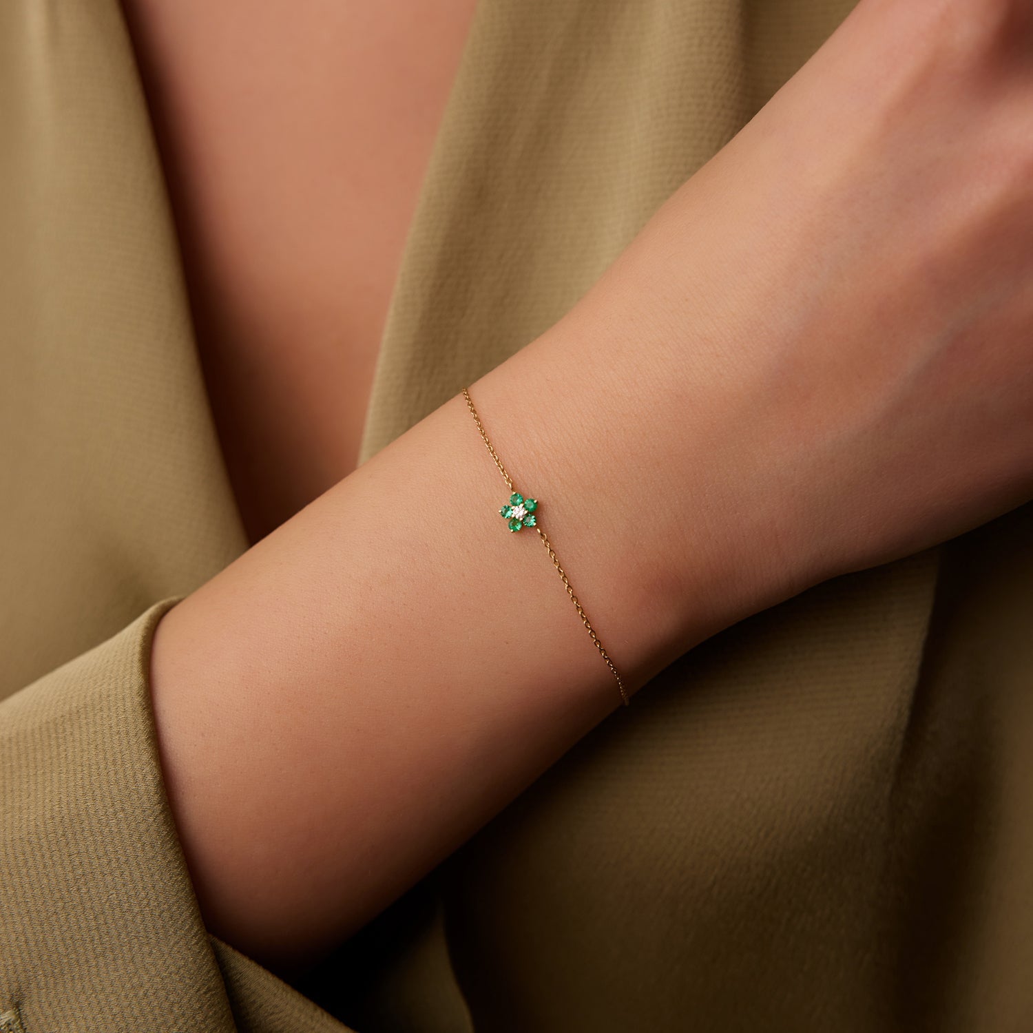 OBFJ1841 - Emerald and Diamond Flower Charm Bracelet bracelets in selectable metal and diamond options - Roselle Jewelry view 2