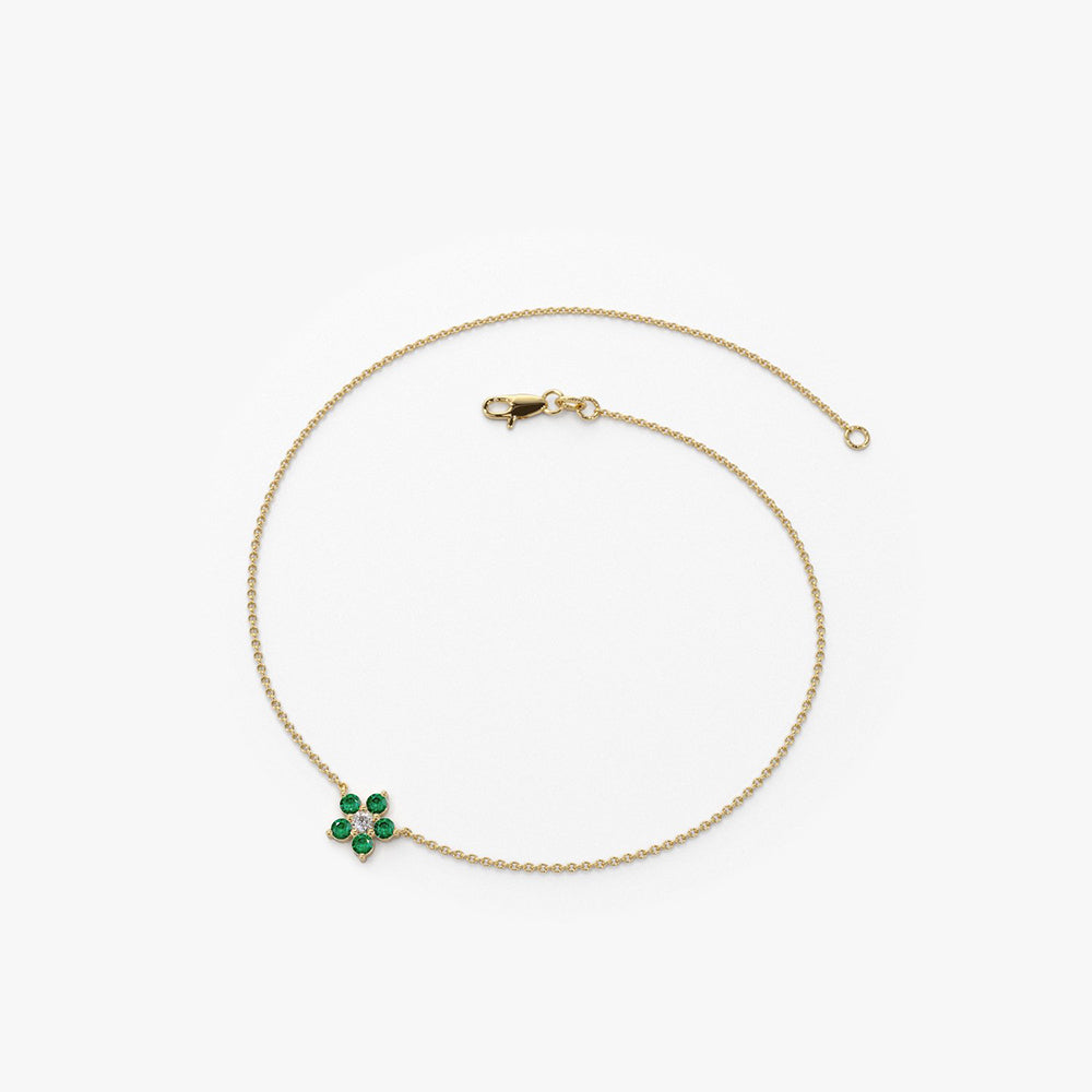 OBFJ1841 - Emerald and Diamond Flower Charm Bracelet bracelets in selectable metal and diamond options - Roselle Jewelry view 6