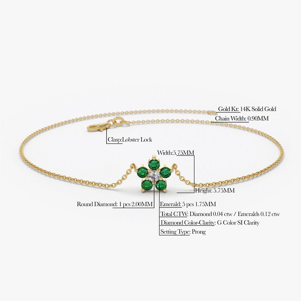 OBFJ1841 - Emerald and Diamond Flower Charm Bracelet bracelets in selectable metal and diamond options - Roselle Jewelry view 5