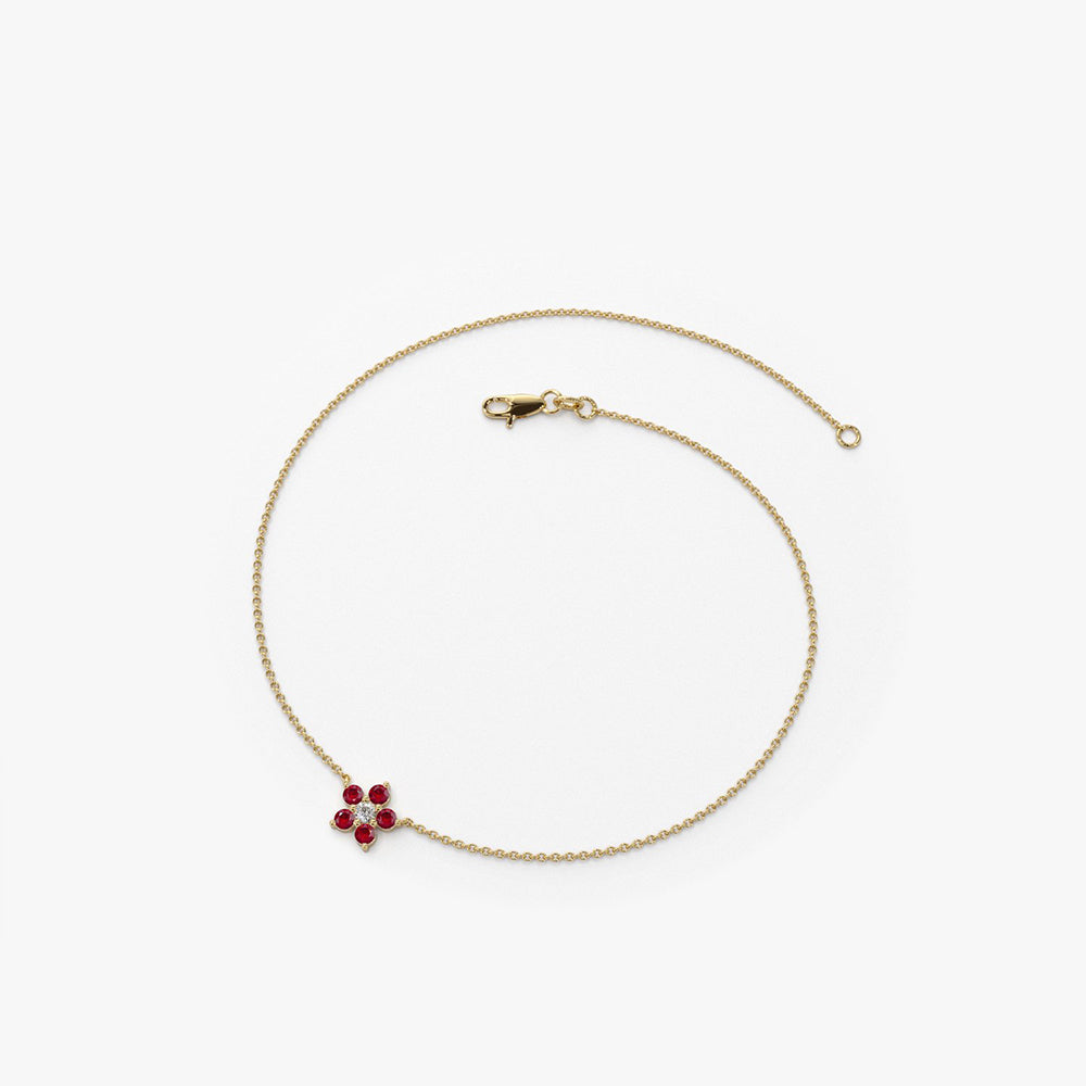 OBFJ1850 - Ruby and Diamond Flower Charm Bracelet bracelets in selectable metal and diamond options - Roselle Jewelry view 5