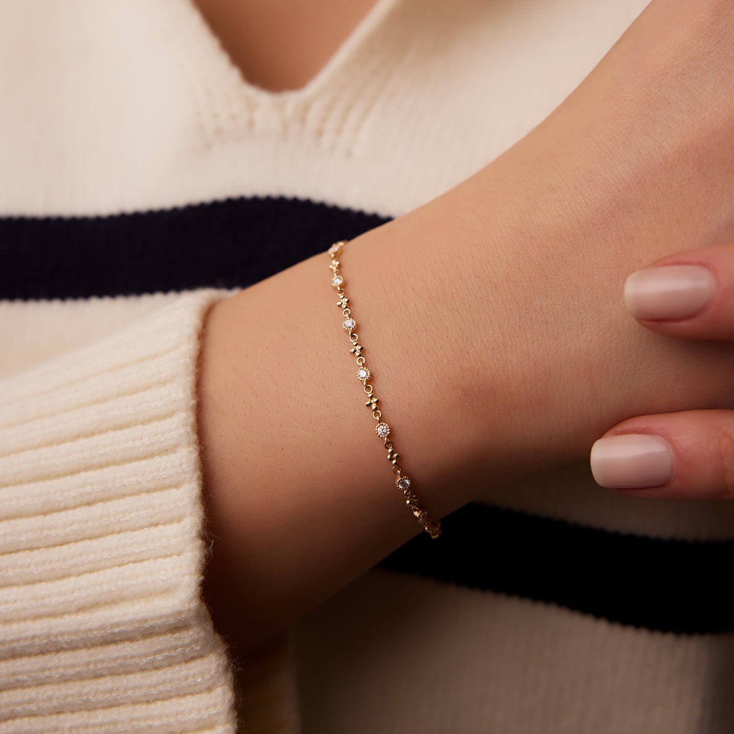 OBFJ1913 - Bezel Setting Diamond with Milgrain Bracelet bracelets in selectable metal and diamond options - Roselle Jewelry view 2