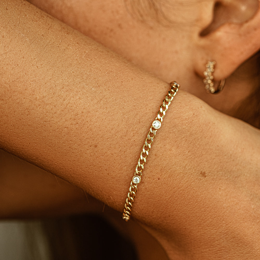 OBFJ1870 - Cuban Link Bracelet w/ Bezel Setting Diamond bracelets in selectable metal and diamond options - Roselle Jewelry view 4