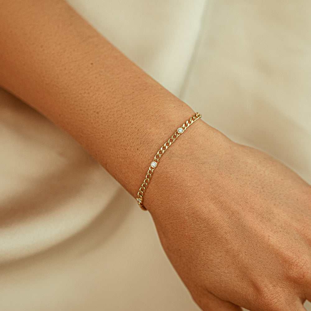 OBFJ1870 - Cuban Link Bracelet w/ Bezel Setting Diamond bracelets in selectable metal and diamond options - Roselle Jewelry view 5