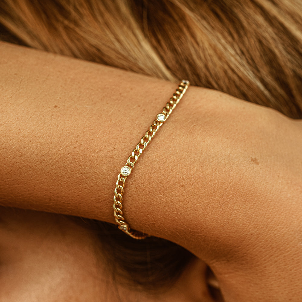 OBFJ1870 - Cuban Link Bracelet w/ Bezel Setting Diamond bracelets in selectable metal and diamond options - Roselle Jewelry view 10