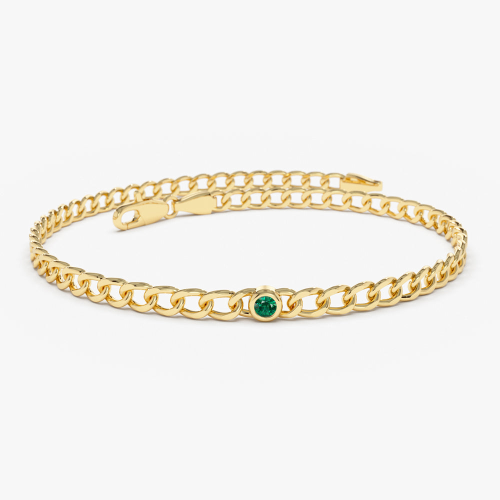 OBFJ2282 - Cuban Link Bracelet w/ Bezel Setting Emerald bracelets in selectable metal and diamond options - Roselle Jewelry view 1