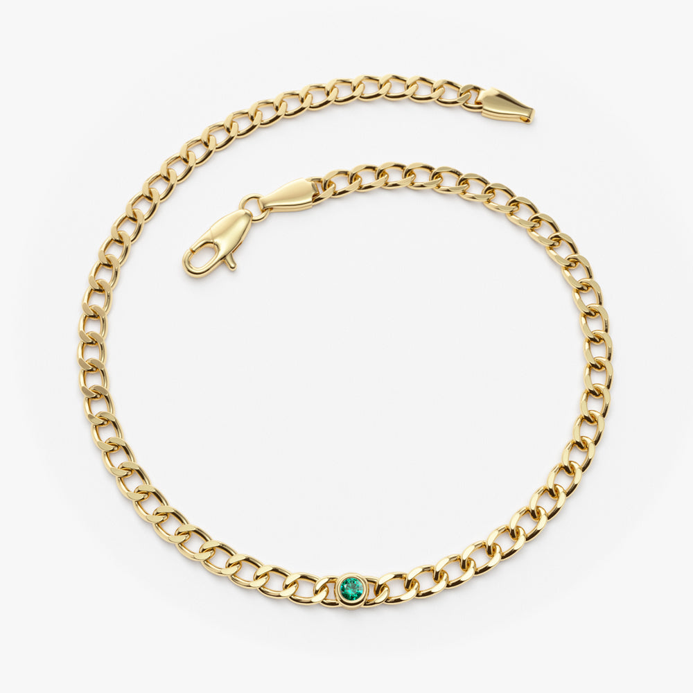 OBFJ2282 - Cuban Link Bracelet w/ Bezel Setting Emerald bracelets in selectable metal and diamond options - Roselle Jewelry view 4