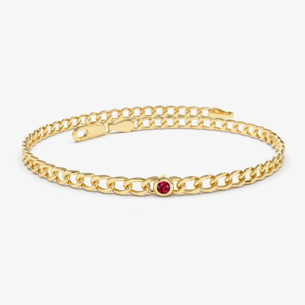 OBFJ2281 - Cuban Link Bracelet w/ Bezel Setting Ruby bracelets in selectable metal and diamond options - Roselle Jewelry view 1