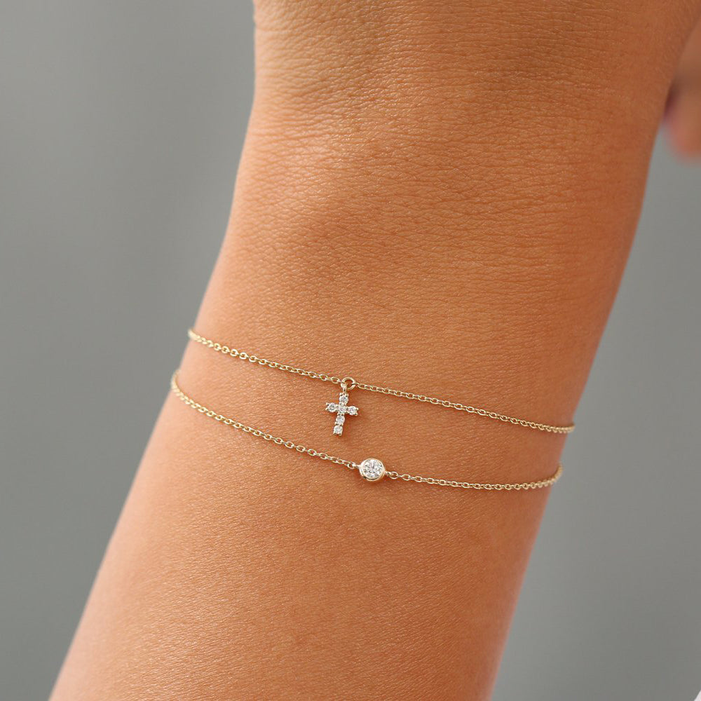 OBFJ1906 - Tiny Diamond Cross Charm Bracelet bracelets in selectable metal and diamond options - Roselle Jewelry view 3