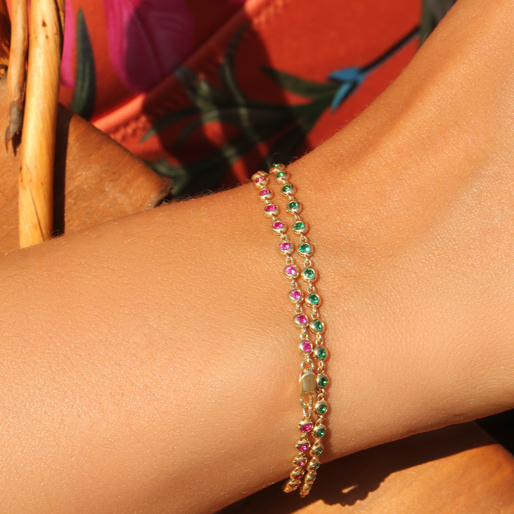 OBFJ2270 - Bezel Set Emerald Tennis Bracelet bracelets in selectable metal and diamond options - Roselle Jewelry view 4