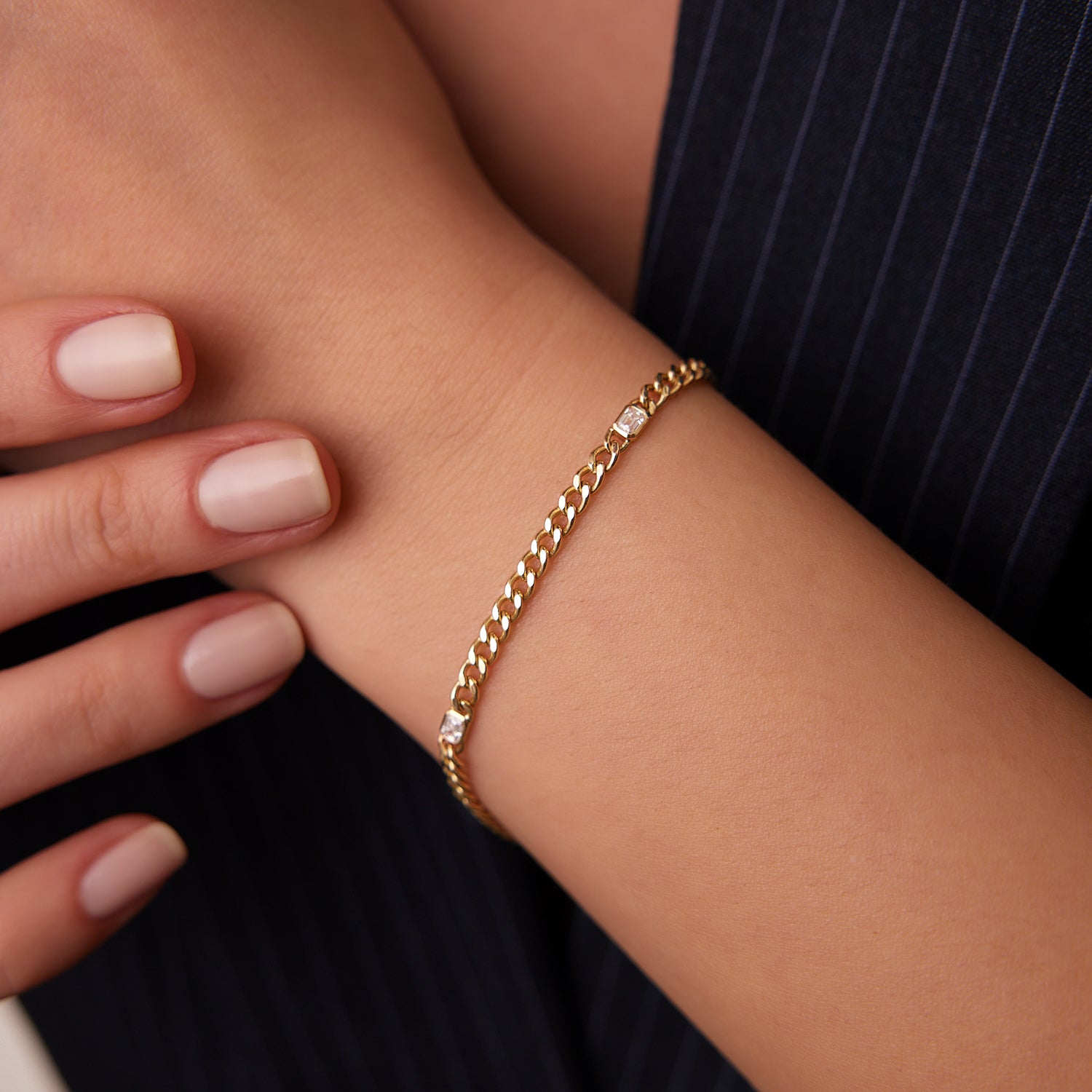 OBFJ2013 - Cuban Link Bracelet w/ Emerald Cut Diamond bracelets in selectable metal and diamond options - Roselle Jewelry view 5