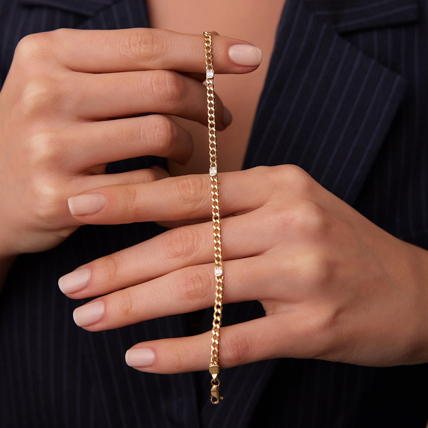 OBFJ2013 - Cuban Link Bracelet w/ Emerald Cut Diamond bracelets in selectable metal and diamond options - Roselle Jewelry view 4
