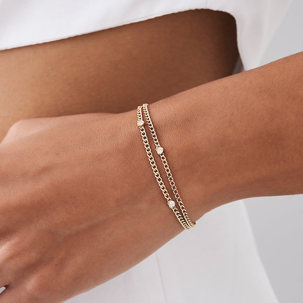 OBFJ2176 - 2MM Curb Link Bracelet w/ Heart Shape Solitaire Round Diamonds bracelets in selectable metal and diamond options - Roselle Jewelry view 2