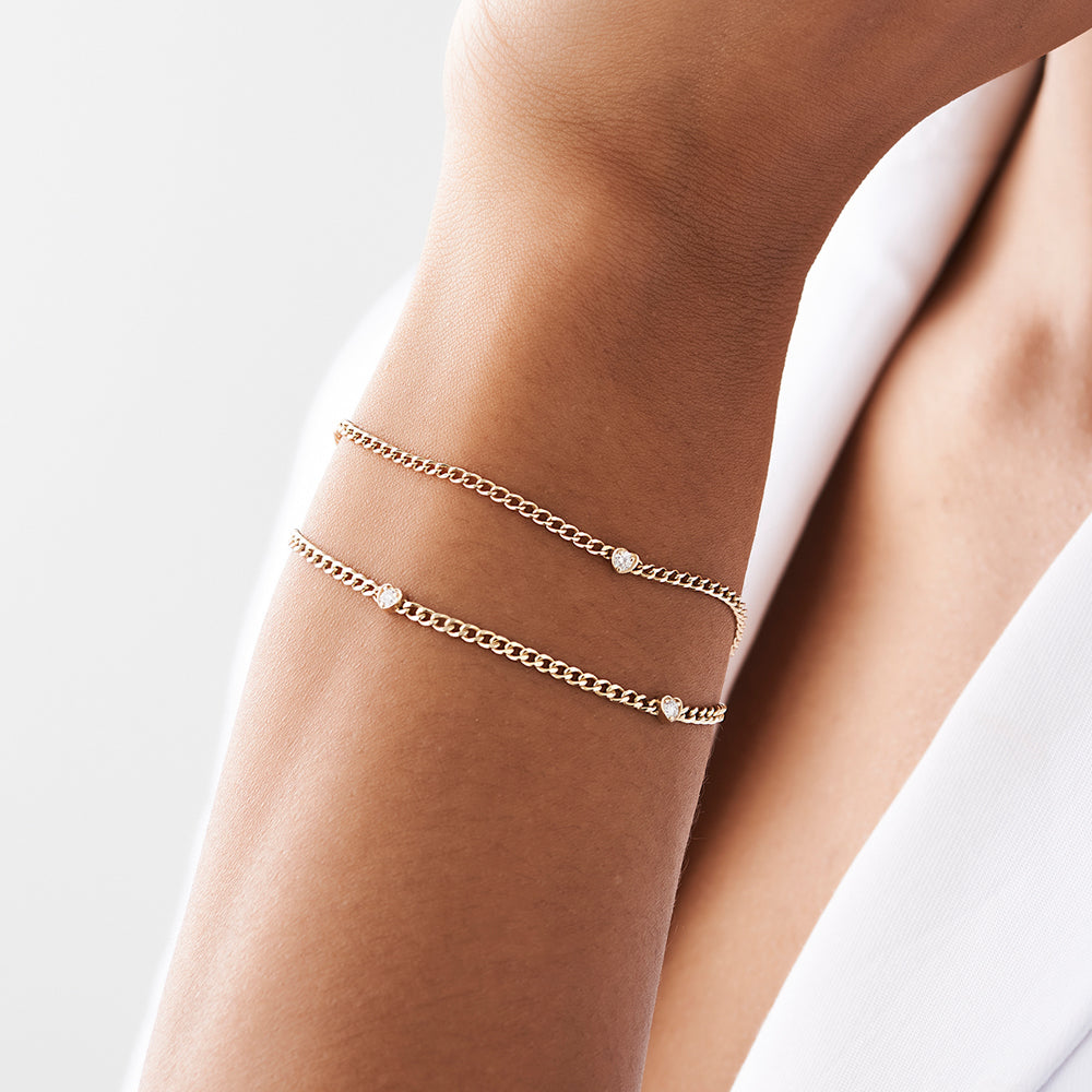 OBFJ2176 - 2MM Curb Link Bracelet w/ Heart Shape Solitaire Round Diamonds bracelets in selectable metal and diamond options - Roselle Jewelry view 3