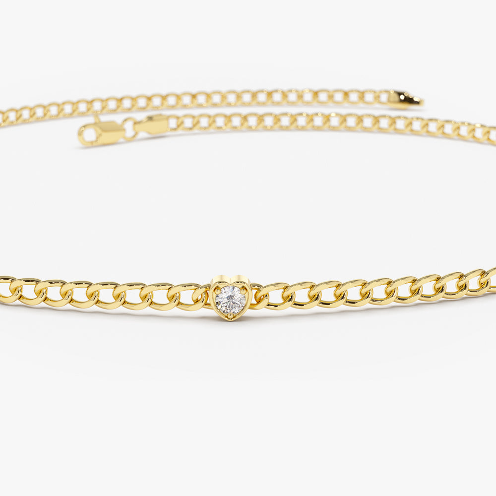 OBFJ2176 - 2MM Curb Link Bracelet w/ Heart Shape Solitaire Round Diamonds bracelets in selectable metal and diamond options - Roselle Jewelry view 8