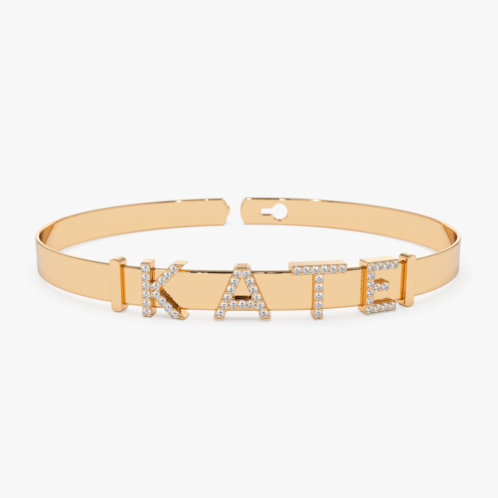 OBFJ2195 - 5MM Sliding Diamond Initials Bangle bracelets in selectable metal and diamond options - Roselle Jewelry view 5