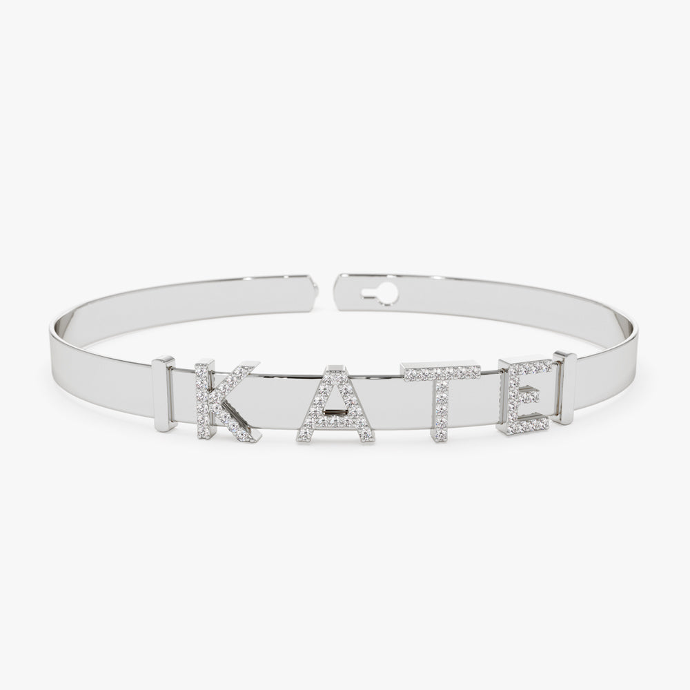 OBFJ2195 - 5MM Sliding Diamond Initials Bangle bracelets in selectable metal and diamond options - Roselle Jewelry view 6