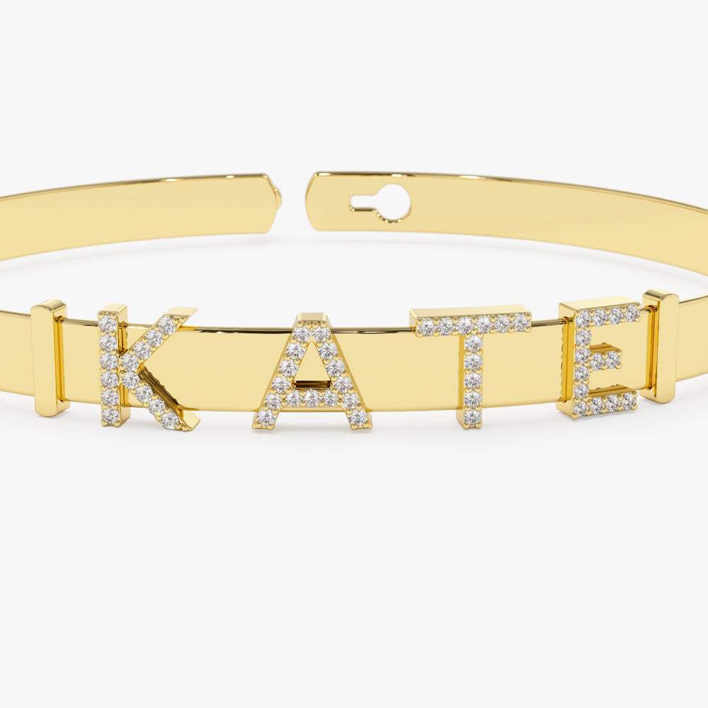 OBFJ2195 - 5MM Sliding Diamond Initials Bangle bracelets in selectable metal and diamond options - Roselle Jewelry view 7