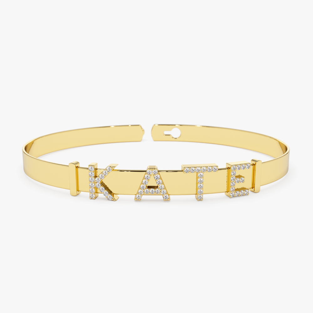 OBFJ2195 - 5MM Sliding Diamond Initials Bangle bracelets in selectable metal and diamond options - Roselle Jewelry view 10