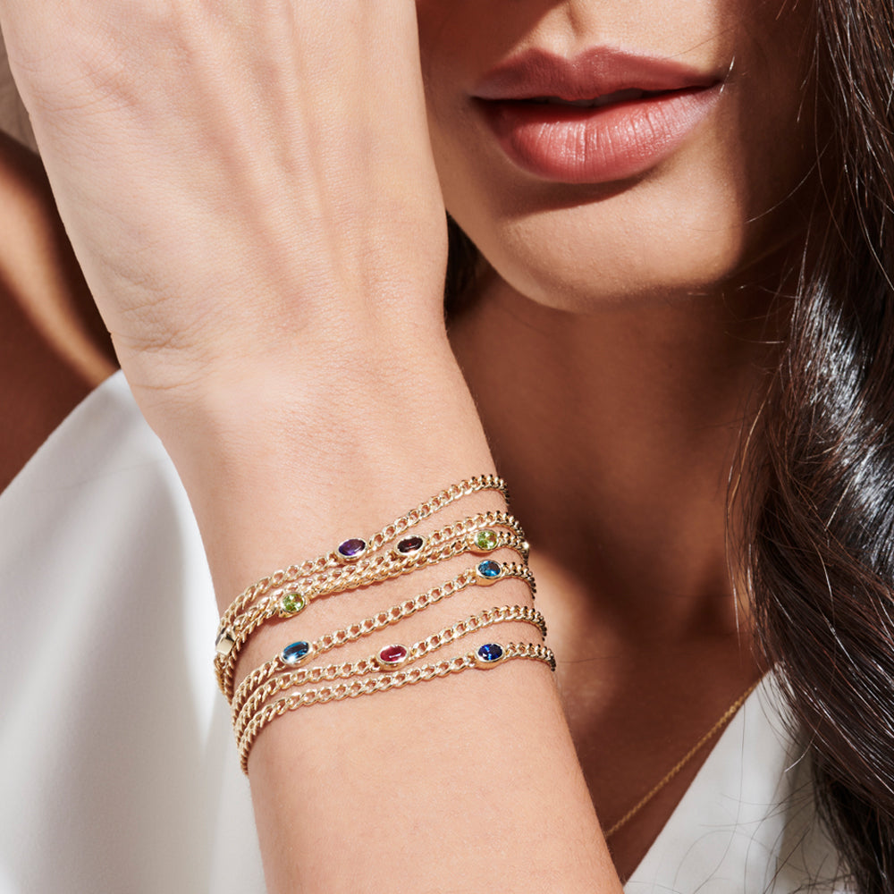 OBFJ2223 - Cuban Link Bracelet w/ Bezel Setting Peridot bracelets in selectable metal and diamond options - Roselle Jewelry view 3