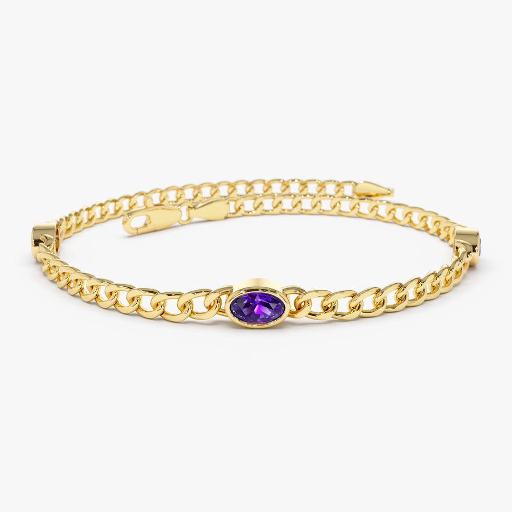 OBFJ2225 - Cuban Link Bracelet w/ Bezel Setting Amethyst bracelets in selectable metal and diamond options - Roselle Jewelry view 1
