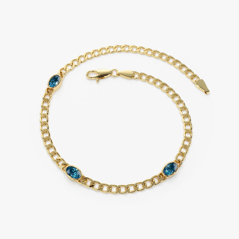 OBFJ2222 - Cuban Link Bracelet w/ Bezel Setting London Blue Topaz bracelets in selectable metal and diamond options - Roselle Jewelry view 7