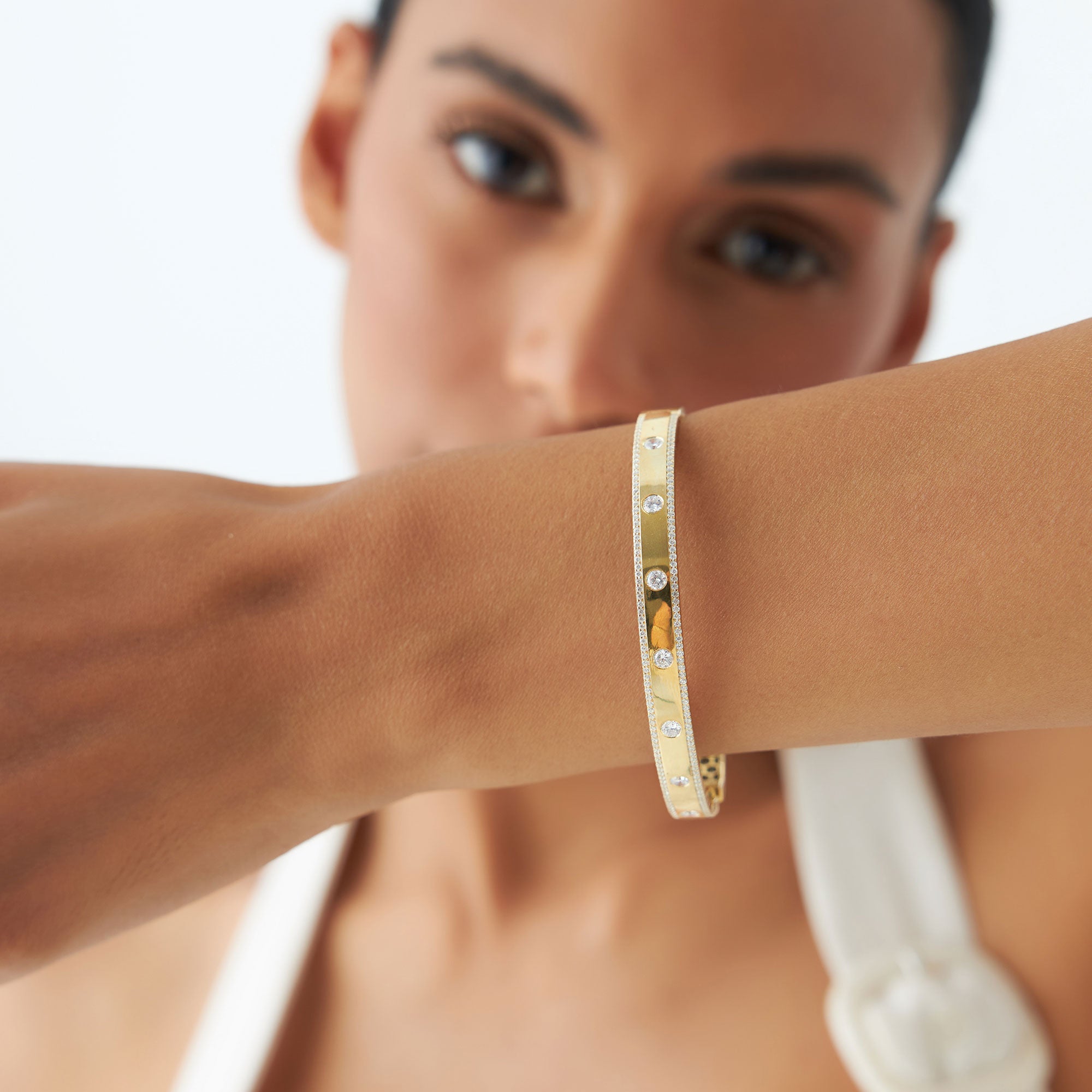 OBFJ1165 - 14K Flush Set Diamond Bangle with Pave Edges 2