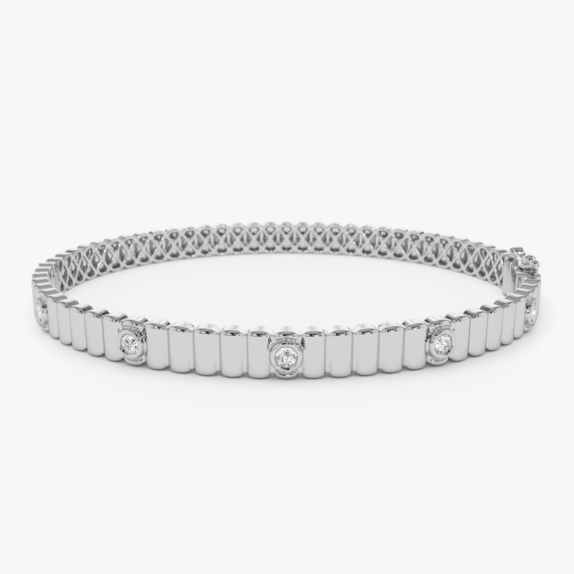OBFJ1170 - 14k Gold Ribbed Diamond Bangle Bracelet 9