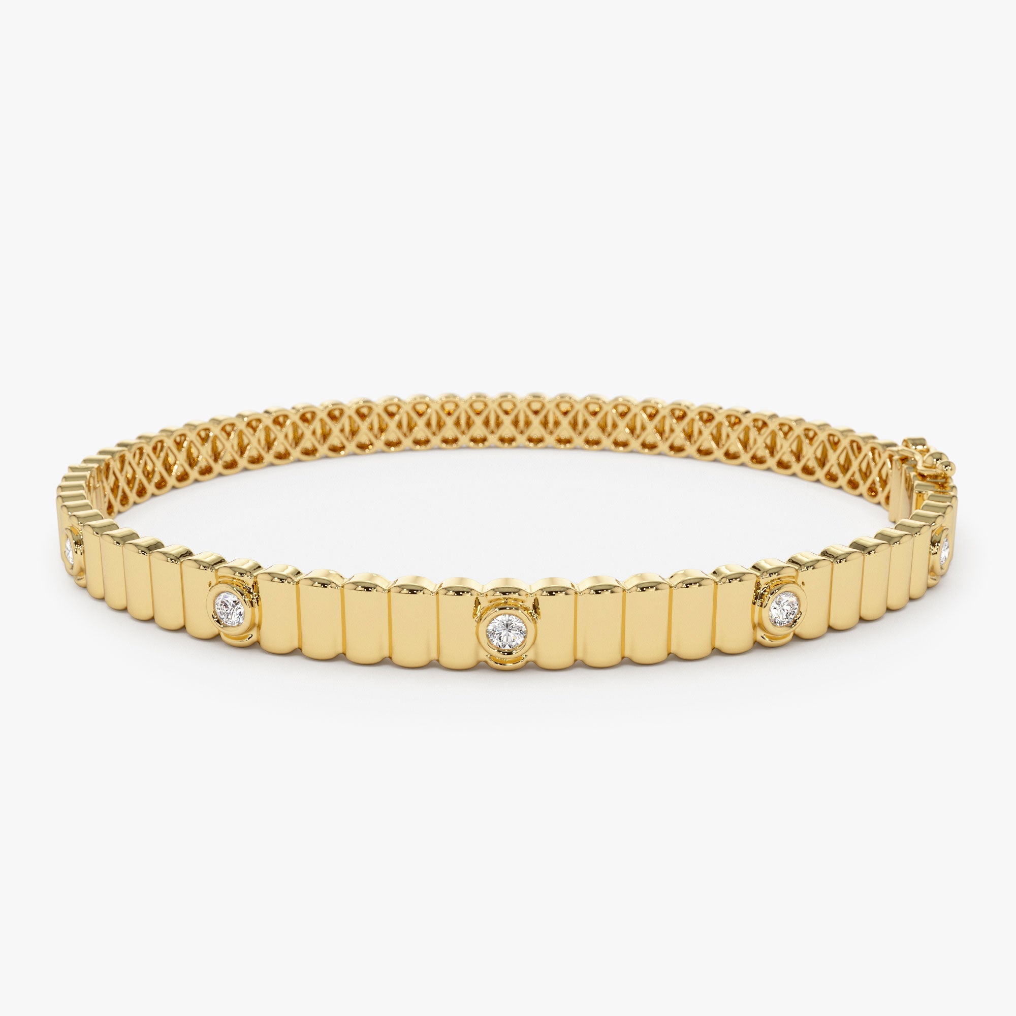 OBFJ1170 - 14k Gold Ribbed Diamond Bangle Bracelet 1