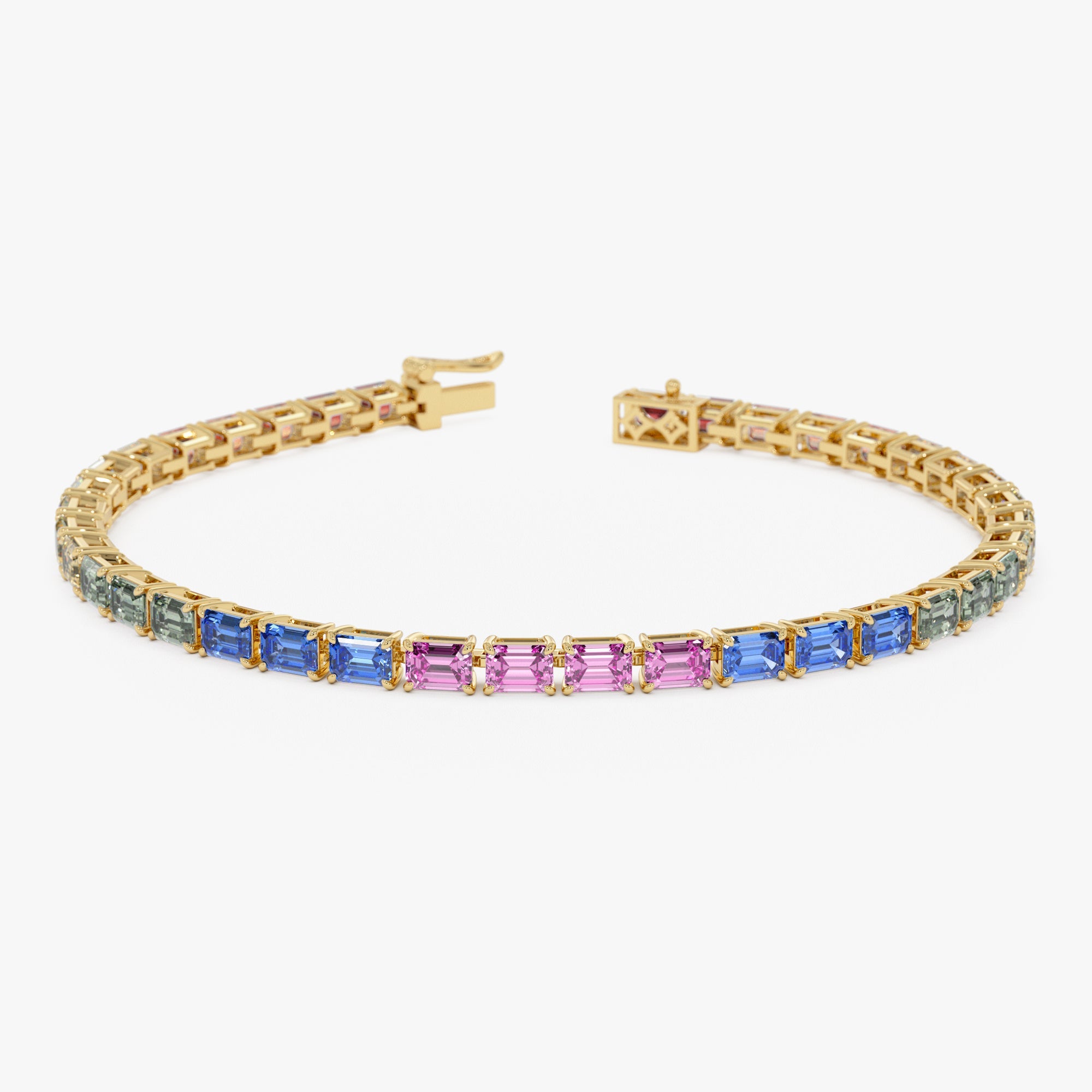 OBFJ0038 - 14K Gold Rainbow Emerald Cut Gemstone Tennis Bracelet 1