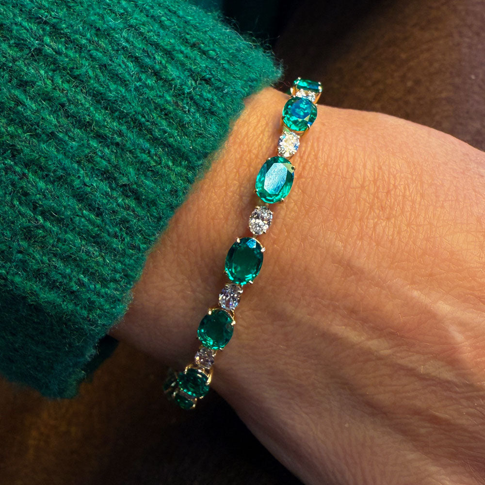 OBFJ0346 - 15.75 ctw 14k Lab Grown Colombian Oval Emerald and Oval Diamond Bracelet - Molly 5
