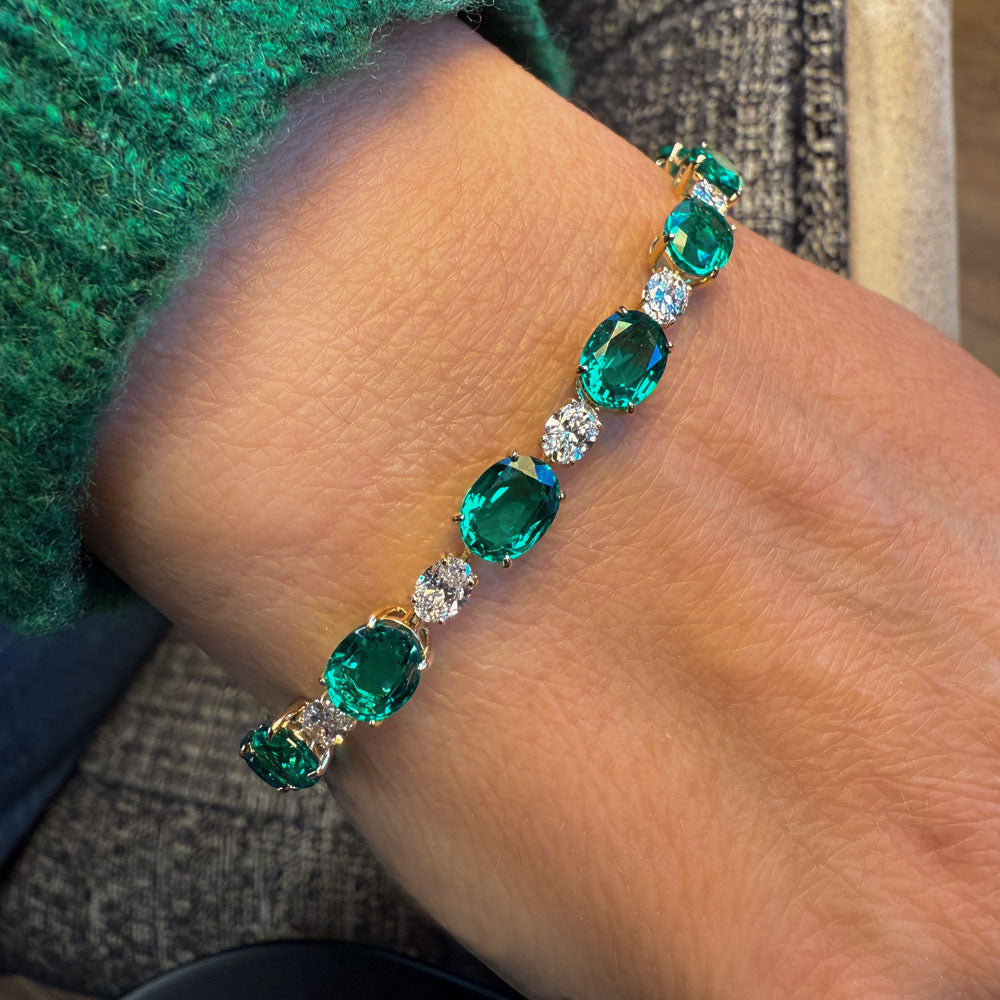 OBFJ0346 - 15.75 ctw 14k Lab Grown Colombian Oval Emerald and Oval Diamond Bracelet - Molly 3