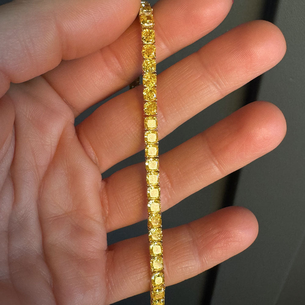 OBFJ0090 - 17.50 ctw 14k Lab Grown Cushion Cut Fancy Vivid Yellow Diamond Tennis Bracelet - Paige 3