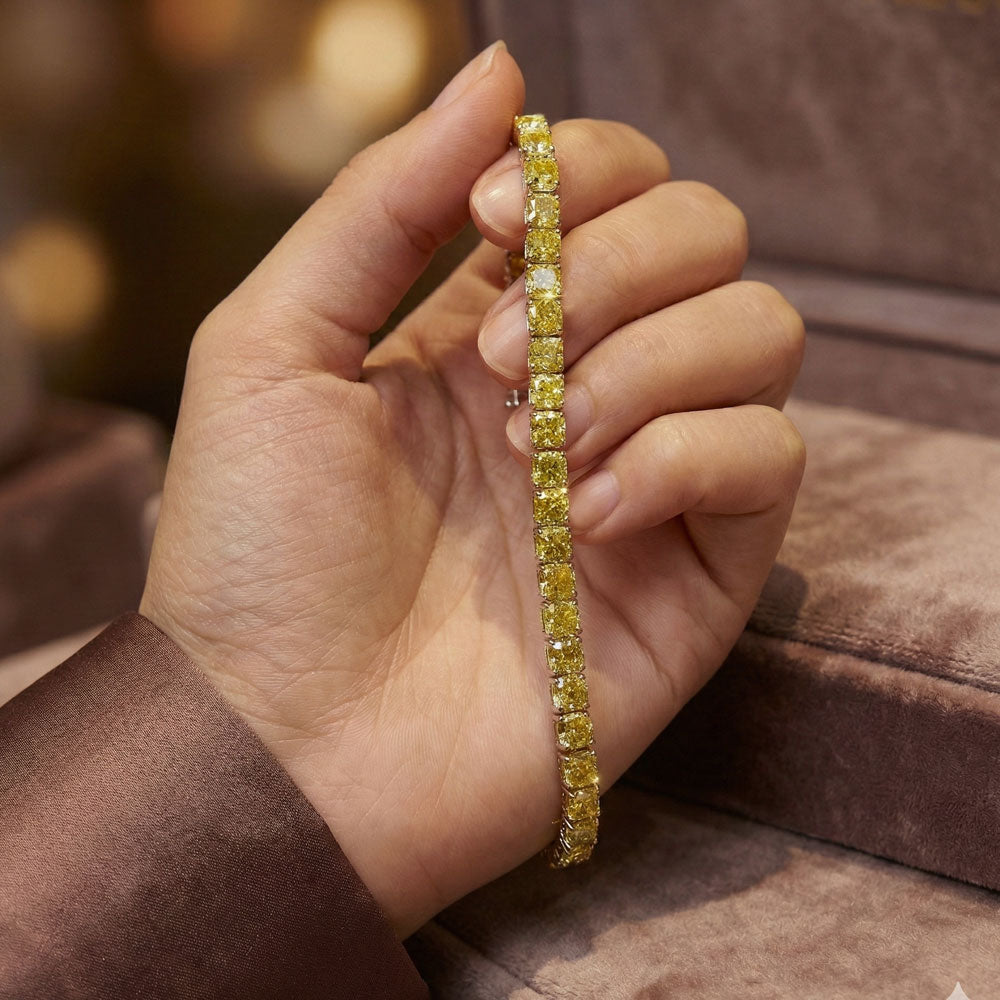 OBFJ0344 - 17.50 ctw 14k Lab Grown Cushion Cut Fancy Vivid Yellow Diamond Tennis Bracelet - Paige 2
